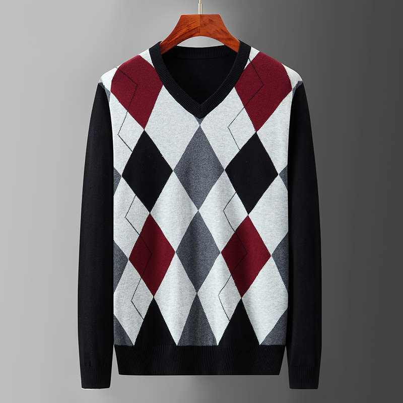 Argyle Plaid Pull Sweater Male - Men'S Fashion V Neck Sweater ulasan dan harga