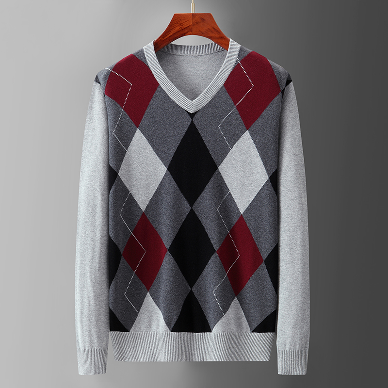 Argyle Plaid Pull Sweater Male - Men'S Fashion V Neck Sweater ulasan dan harga